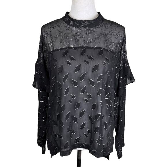 BCBGMaxazria Black Sheer Chiffon Silver Metallic Leaf Print High Neck Blouse - Picture 5 of 15